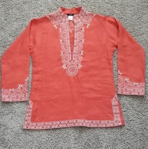J. Crew 100% Linen Embellished Blouse Tunic 3/4 sleeve size M orange~peach